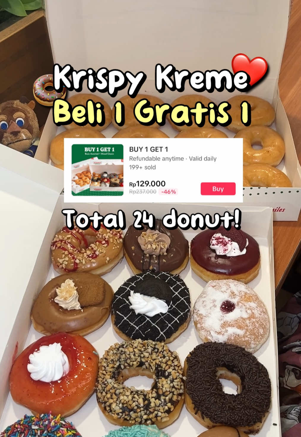 Buy 1 Get 1 total dapet 24 donut, auto hemat buat traktiran resign🥳🫵🏻 Vouchernya bisa digunakan di 42 outlet Krispy Kreme se-Indonesia yaa bisa dicek di bagian 