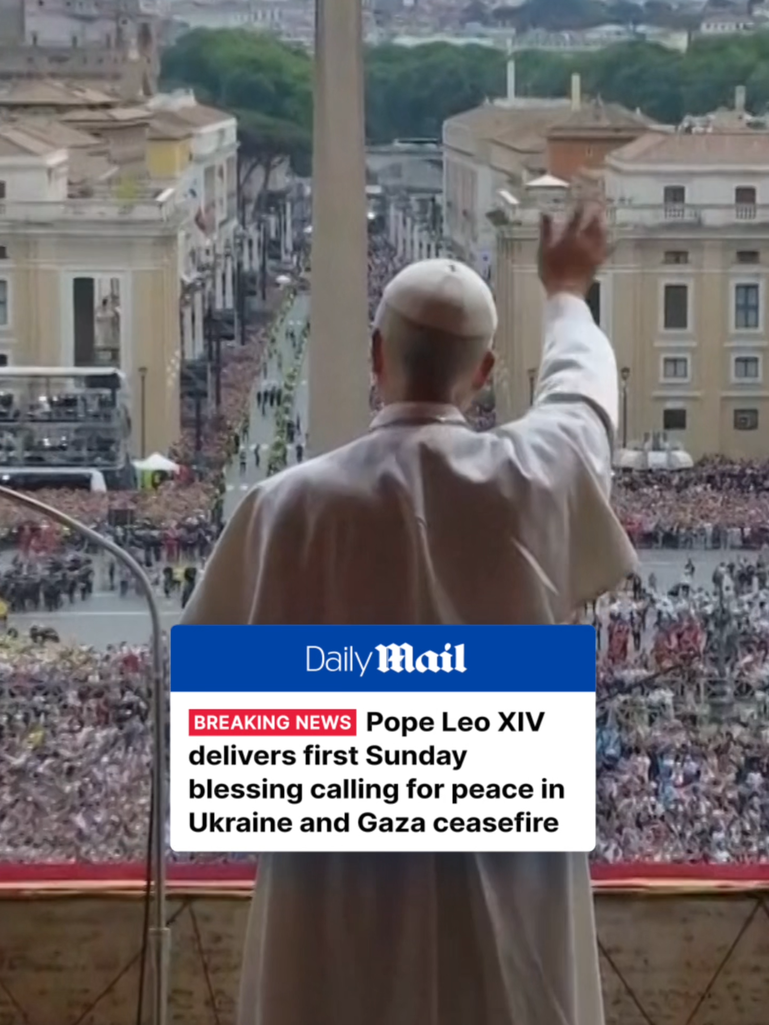 Pope Leo XIV has delivered his first Sunday blessing from the balcony of Saint Peter's Basilica. The new pope lead the Regina Coeli prayer in his second official public appearance since becoming the leader of the Catholic Church. The noon prayer drew thousands of people anxious for a closer look at the pontiff, who, in his blessing, called for peace in Ukraine, a ceasefire and the release of hostages in Gaza. Pope Leo XIV also celebrated a private Mass on Sunday near the tomb of St Peter, before he delivered his noon blessing. Read more at DailyMail.com #pope #popeleo #blessings #prayer #rome#church