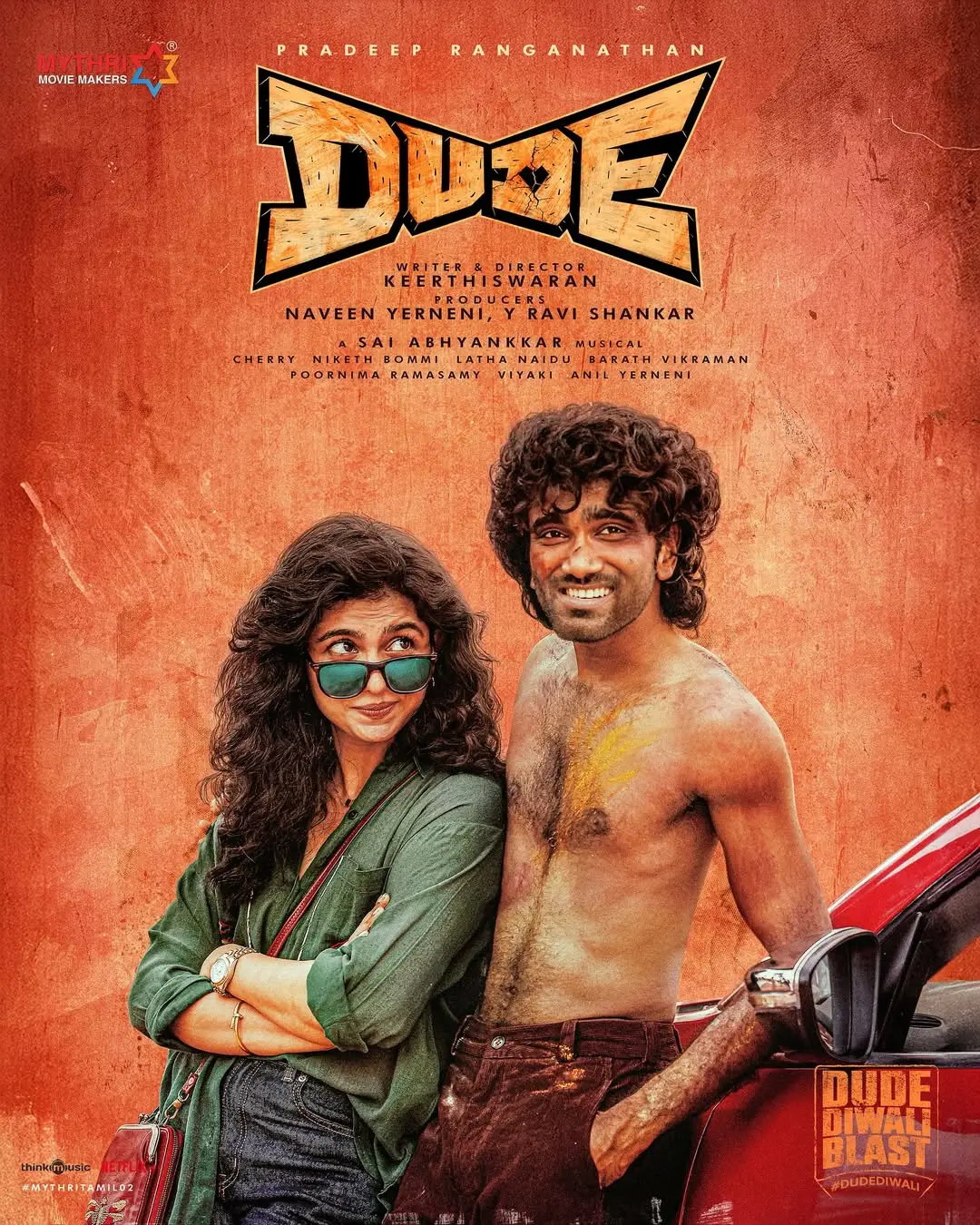 The #DUDE is coming with his LOVE for a Blasting & Entertaining Diwali in theatres ❤‍🔥🥁 All set for a MASSIVE DIWALI 2025 RELEASE 💥💥 In Tamil, Telugu, Kannada, Malayalam & Hindi. ⭐ing ‘The Sensational’ #pradeepranganathan 🎬 Written and directed by #keerthiswaran  A #saiabhyankkar musical Produced by #MythriMovieMakers  #DUDEMovie #DUDEDiwali #PR04 #MythriTamil02