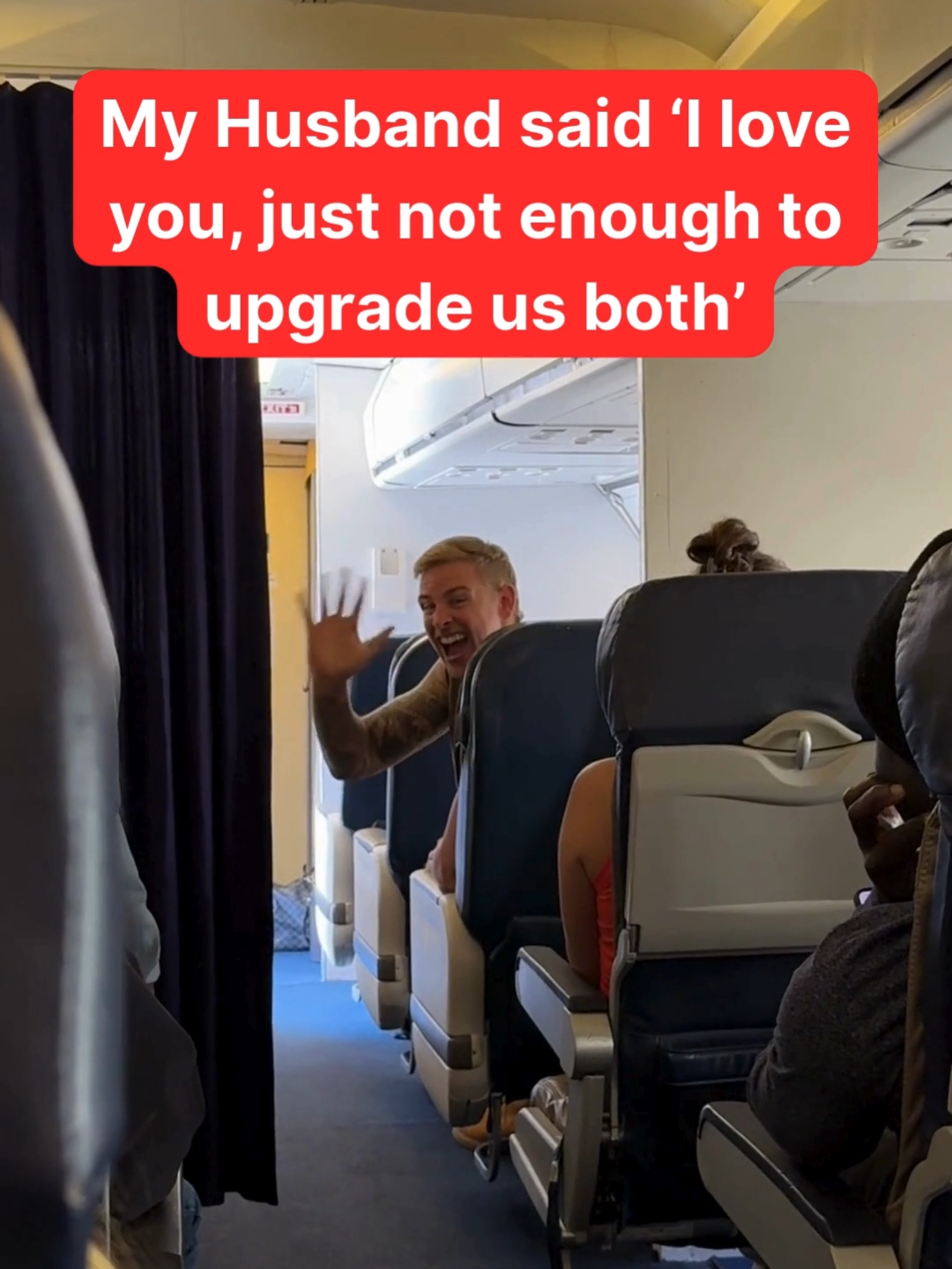 We love each other, just not enough to pay $652 to upgrade us both 🤣 What would you do if your partner did this? #flight #airplane #travel #couplecomedy #marriedlife