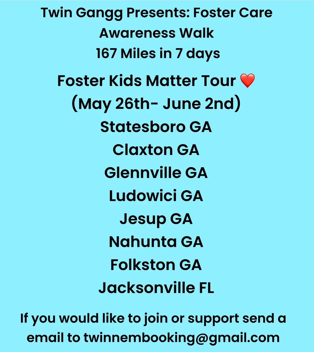 In 15 days we will begin our quest from Statesboro GA - Jacksonville FL in honor of everyone that was apart of the foster care system. This walk is very special for us because it’s also our 3 year anniversary of walking around the country. A lot of people have said so many things about me and my brother over the years and that’s completely fine but God sees and know everything we do. Our journey has been 100% faith so a lot of people have questions to things we can’t even answer 💯💯 We ask that you’ll keep us in prayer and we ask that everyone follow us on this week long journey. We will be live streaming our journey on twitch and on social media so we need everyone to follow along. Foster Kids Matter ❤️ #fosterkidsmatter❤️ #fostercareawareness #twingangg #explore 