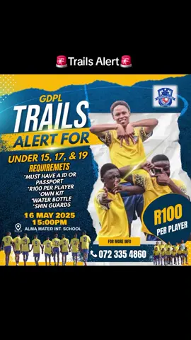 🚨Trails Alert🚨 The wait is over!!! Come show your skills this Friday to be part of the Ballers playing in the GDPL 📆 16 May 2025 ⌚15:30pm 🏟️ Alma Mater International School  See you they!!! #trails #Soccer #football #westrandballers #fyp #tranding 