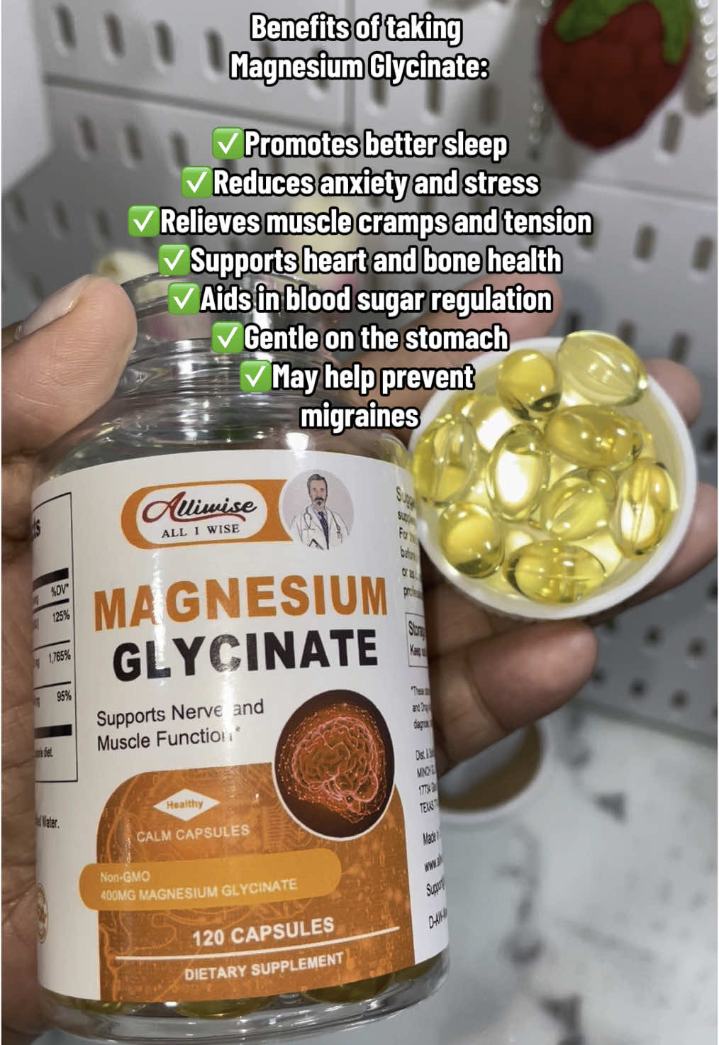 Benefits of taking  Magnesium Glycinate: ✅Promotes better sleep ✅Reduces anxiety and  stress ✅Relieves muscle cramps  and tension ✅Supports heart and bone  health ✅Aids in blood sugar  regulation ✅Gentle on the stomach ✅May help prevent  migraines #fyp #sleepaid #sleep #SelfCare #healthyhabit #magnesiumbenefits #magnesiumglycinate #foodsupplement #tiktokfinds #sleepwell #bettersleep 