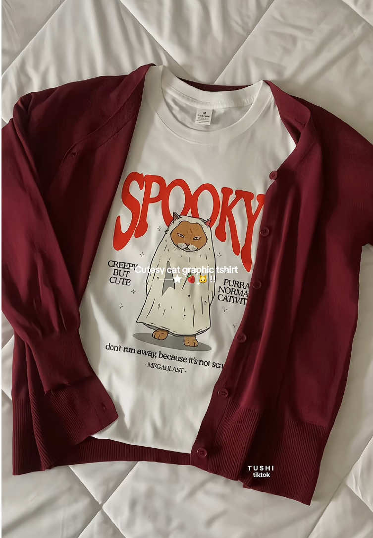 Spooky little cat tshirt 🐱🍒 gonna collect more of these cat tee, shoo cute!  #cattshirt #graphictee #tshirtmurah #tshirtcotton #tshirtviral #aesthetic 