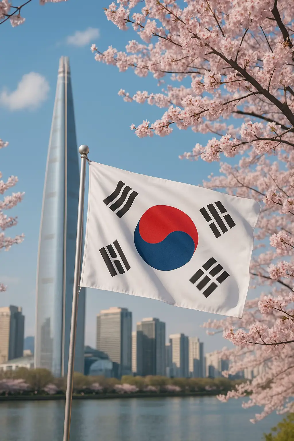 The national flag of South Korea is called Taegeukgi. It was first designed in the late 19th century during the Joseon Dynasty and officially adopted as the national flag in 1948, when the Republic of Korea (South Korea) was established. The flag’s design is deeply rooted in East Asian philosophy. At its center is the Taegeuk, a red and blue circle representing the balance of yin (blue) and yang (red) — harmony between opposites in the universe. Surrounding the circle are four black trigrams (called gwae) from the ancient Chinese text I Ching. Each trigram symbolizes a natural element: 	Heaven (☰) — top left,  	Water (☵) — top right, 	Earth (☷) — bottom right, 	Fire (☲) — bottom left. The white background represents peace and purity. Together, the Taegeuk, trigrams, and background express the ideals of harmony, balance, and unity cherished by the Korean people. #koreanfood  #korea #seoulkoreatravel2025  #искуственныйинтелект  #traveltiktok  