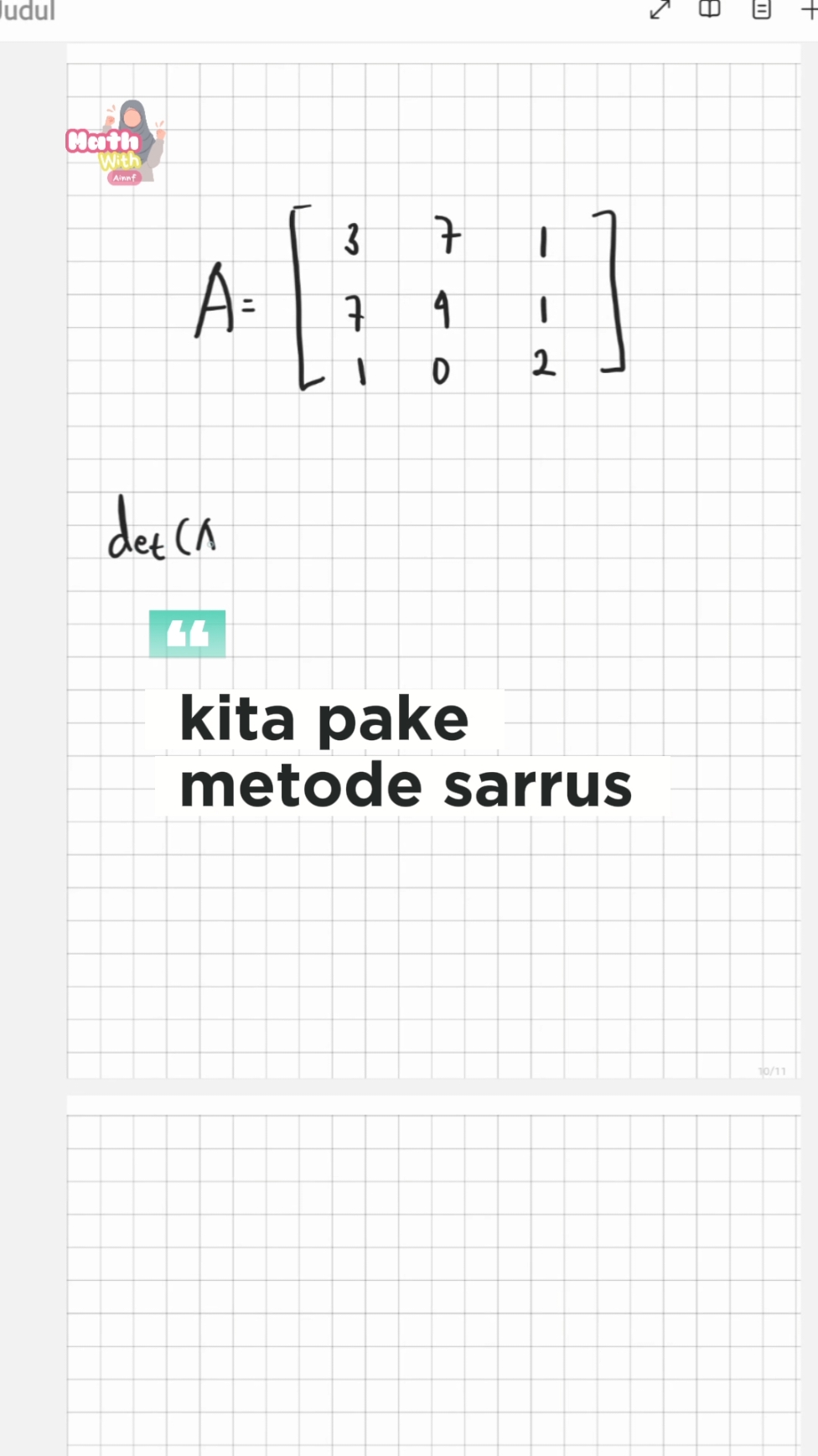 ngerjain soal buat cari determinan dari matriks ordo 3x3 dengan metode sarrus #metodesarrus #matriks #ordo3x3 #programlinear #belajarmatematika #matematika #persamaanlinear #aljabar_linier_elementer 
