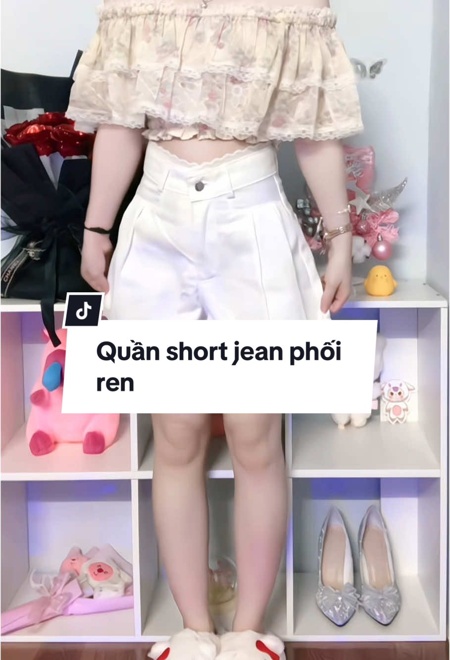 Quần short jean cạp cao phối ren ✨ #quaánhortjeanphoiren #outfit #thoitrangnu #reviewquanao #mohonreview 