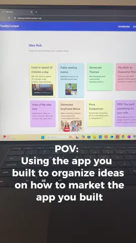 Using the app I built to organize ideas on how to market the app I built. This post is very meta!  Seriously though, PlanMyContent’s Idea Hub is awesome. Check it out. #PlanMyContent #ContentCreatorTools #CreatorTools #SocialMediaScheduler #ContentScheduler #ContentCalendar #ContentPlanning #ContentIdeas 
