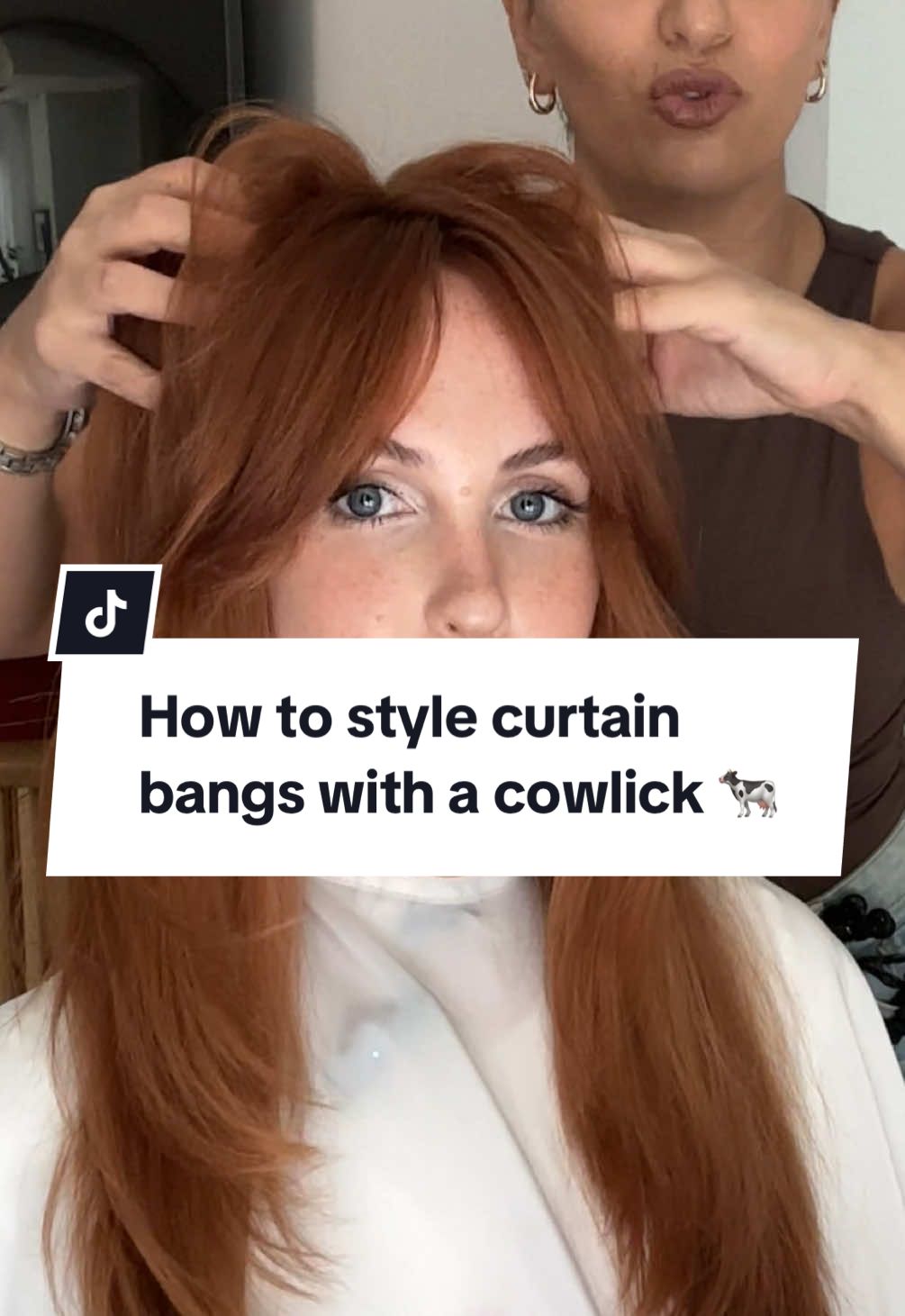 Blowdry your hair with a soft hold mousse and while the hair is still warm, twist your bangs into place and clip them down. We don’t want to emphasize volume when we have a cowlick because the hair is already ready to bounce up. Flatten and wait to cool, then remove 🤍 #hairstyling#hairstyle#curtainbangs#bangs#haircut#dubaihair 