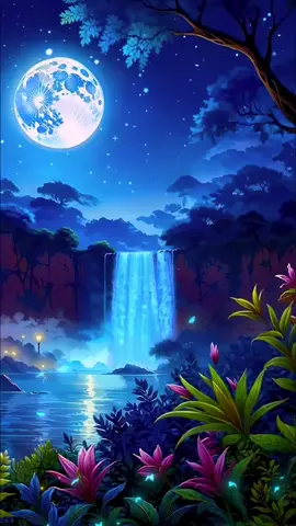 ambient full moon tropical waterfall greenery #ambient #fullmoon #waterfall #relaxingmusic #studymusic
