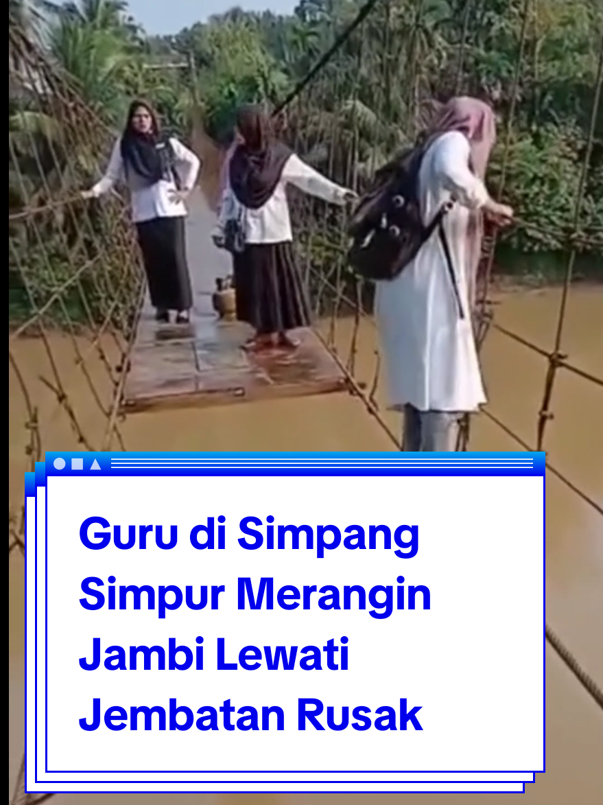 Potret perjuangan para guru Sekolah Dasar (SD) di Desa Simpang Limbur, Kabupaten Merangin, Jambi, bertaruh nyawa viral di media sosial. Para guru itu tampak berjuang melewati jembatan yang bolong dengan berjalan pada tali-tali jembatan. Satu per satu guru itu pun bergantian melewati jembatan yang rusak tersebut. Momen itu diunggah oleh salah satu akun tiktok @Rieny.