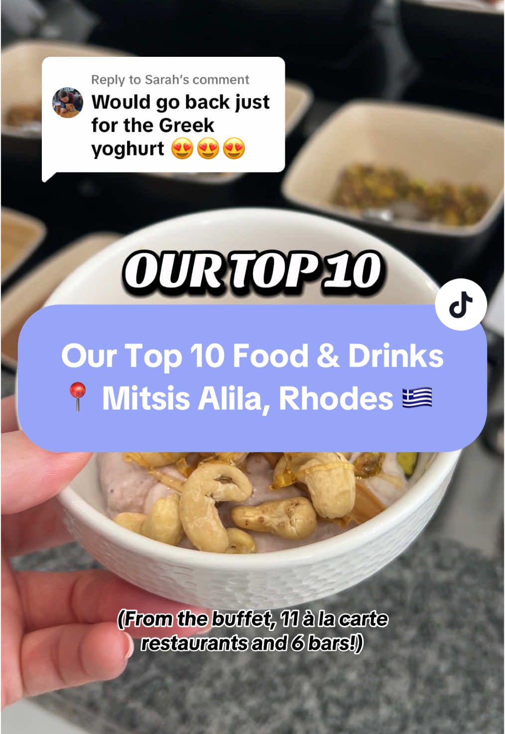 Replying to @Sarah Our Top 10 Food & Drinks at our all-inclusive 5 star hotel in Rhodes, Greece 🇬🇷! (Featuring all the things I could eat gluten free ❌🥖) The Mitsis Selection Alila Resort & Spa had SO many delicious options when it came to eating and drinking. From the main restaurant buffet to the 11 à la carte restaurants and 6 bars!!  They were incredible at catering for my allergy/intoerance needs and I’d recommend staying here if you’re a foodie 🤌✨ #allinclusive #allinclusiveresort #rhodes #rhodesgreece #5starhotel #glutenfree #glutenfreehotel #top10food #foodtour #mitsis #mitsishotels #mitsisalila @MITSIS @easyJet @easyJet holidays 