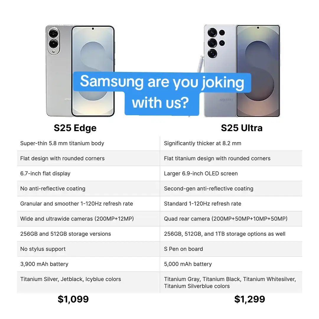 Samsung are you joking with us no price difference between S25 Ultra and S25 Edge. There is huge difference between specs but price is almost same. are you gonna buy S25 Ultra or S25 Edge? #samsunggalaxy #samsung #galaxys25edge #s25ultra #galaxys25ultra #s25edge 