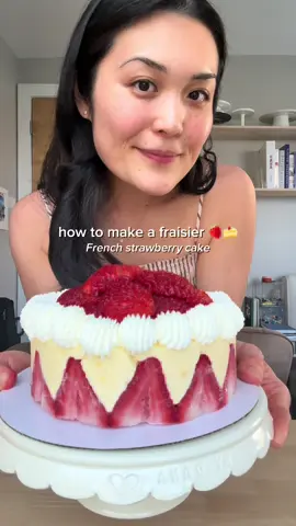 my fave cake that i learned at pastry school in France - in 19 easy steps 🍓🍰🇫🇷 summarized on-screen steps below. head to my substack (link in bio) for the full detailed version! COMPONENTS genoise sponge  diplomat cream fresh strawberries strawberry soaking syrup  optional: chantilly cream, nappage PREP AHEAD 1. Bake and split a genoise sponge 2. Make a pastry cream, stabilized with gelatin  ASSEMBLY DAY 3. Cut strawberries (halve 🍓for the base, dice 🍓to layer in the center, reserve the prettiest 🍓to decorate the top of the cake)  4. Make a strawberry soaking syrup 5. Prepare a diplomat cream: Whisk your pastry cream until smooth (don’t skip this step or you’ll get clumps like I did 🙈), then fold in whipped heavy cream 6. Line your cake ring with plastic wrap (for the base) and acetate (for the inside of the ring)  7. Arrange halved strawberries along the inside border of the cake ring, cut side against the acetate 8. Place one layer of genoise sponge in the center of the ring 9. Brush sponge generously with strawberry syrup 10. Pipe diplomat cream over the sponge and between each strawberry 11. Sprinkle diced strawberries over the cream, then add another layer of diplomat cream 12. Brush the second layer of genoise with soaking syrup on both sides and press it in the cake ring 13. Pipe final layer of diplomat cream, creating a flat surface 14. Smooth the top perfectly with an offset spatula or a bowl scraper 15. Eat the scraps 😋 16. Chill for at least 4 hours or overnight 17. Unmold the cake 18. Peel off acetate while the cake is still cold for smooth sides 19. Decorate! I piped a border of chantilly (sweetened whipped cream, stabilized with mascarpone) and fanned out finely sliced strawberries over the top. In pastry school, we learned to brush fresh fruit with nappage (I used diluted apricot jam here) for an extra glossy finish. I added gold leaf too to make it extra special for my friend’s bday 🥰 lmk if you have any questions! #pastryschool #pastry #pastrystudent #patisserie #fraisier #fraise #strawberryshortcake #strawberrycake #entremet #genoise #pastrycream #diplomatcream #tutorial #howto #bakingtips 