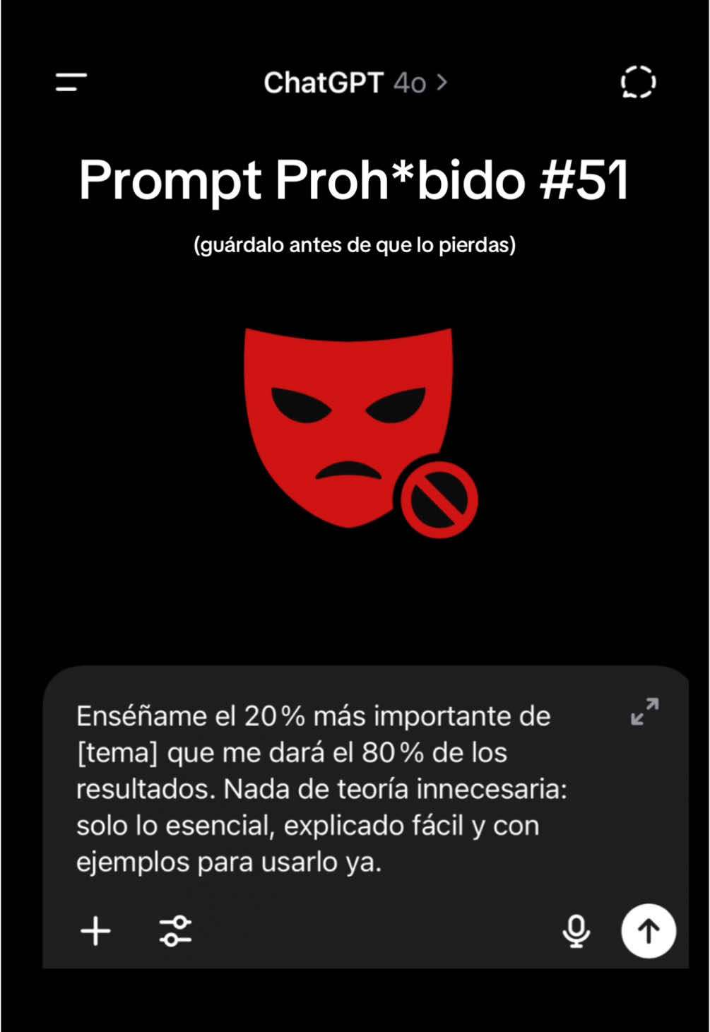 El 20/80 es la regla que usan los cracks: el 20% de acciones que te da el 80% de resultados. Este prompt te lo resume TODO, sin teoría, sin vueltas. Solo lo que sirve, explicado con ejemplos para aplicarlo hoy. Guárdalo antes de que lo borren. #desarrollopersonal #habitos #mentalidaddecrecimiento #altorendimiento #inteligenciaartificial 
