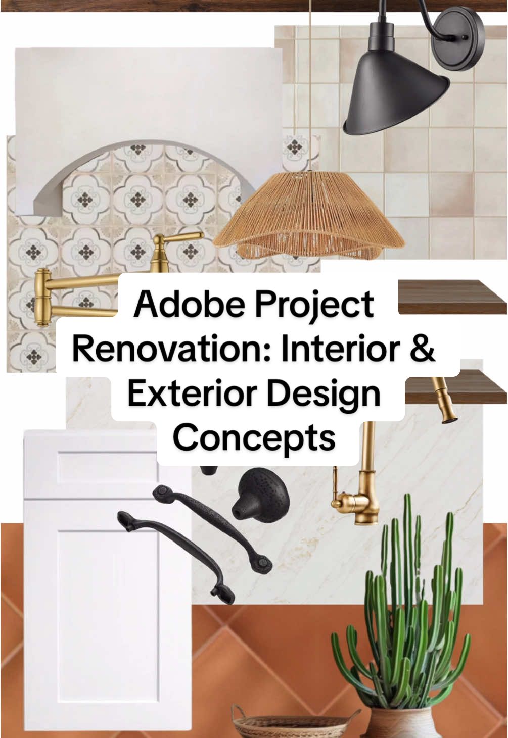 ✨The Adobe Project Renovation: Interior & Exterior Design Concepts!✨ I’m excited to be staying true to this Adobe/Spanish style home with our new design! Here’s the plan: EXTERIOR DESIGN: ✅ White stucco siding  ✅ Terracotta tile roof  ✅ Paved walkway ✅ Dryscaping  ✅ Wrought iron gate & fixtures ✅ Courtyard ✅ Rustic wood door INTERIOR DESIGN: ✅ Saltillo tile flooring ✅ White cabinetry ✅ Wrought iron hardware & fixtures ✅ Aged brass faucets ✅ Woven light fixture ✅ Dark wood doors, shelves, & accents ✅ Decorative & Zellige tiles ✅ Arched walkways & range hood For our layout, we are going with Option B from the part 1 video, with a few minor adjustments. LAYOUT PRIORITIES/CHANGES: ✅ Add second bathroom with full tub ✅ Enlarge first bedroom & bathroom to make a primary suite ✅ Close off bathroom access through kitchen ✅ Adding formal dining nook in kitchen ❌ Losing hall linen closet ❌ Losing “back door access” (this home sits on the corner so the “backyard” is actually on the side of the house. The existing back door leads to the detached garage and 2 apartment units.) Let me know your thoughts on this in the comments!  . . . #interiordesign #renovation #homerenovation #DIY #interiordesigner #homeimprovement #homedesign #homedecor #homeinterior #homeproject #realestate #investmentproperty #fixerupper 