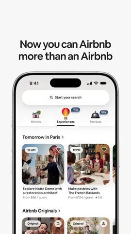 Now you can Airbnb more than an Airbnb. Airbnb Services: Book the world’s best chefs, trainers, massage therapists, and more Airbnb Experiences: Completely reimagined, and hosted by the locals who know their city best An all-new app, with homes, experiences, and services all in one place