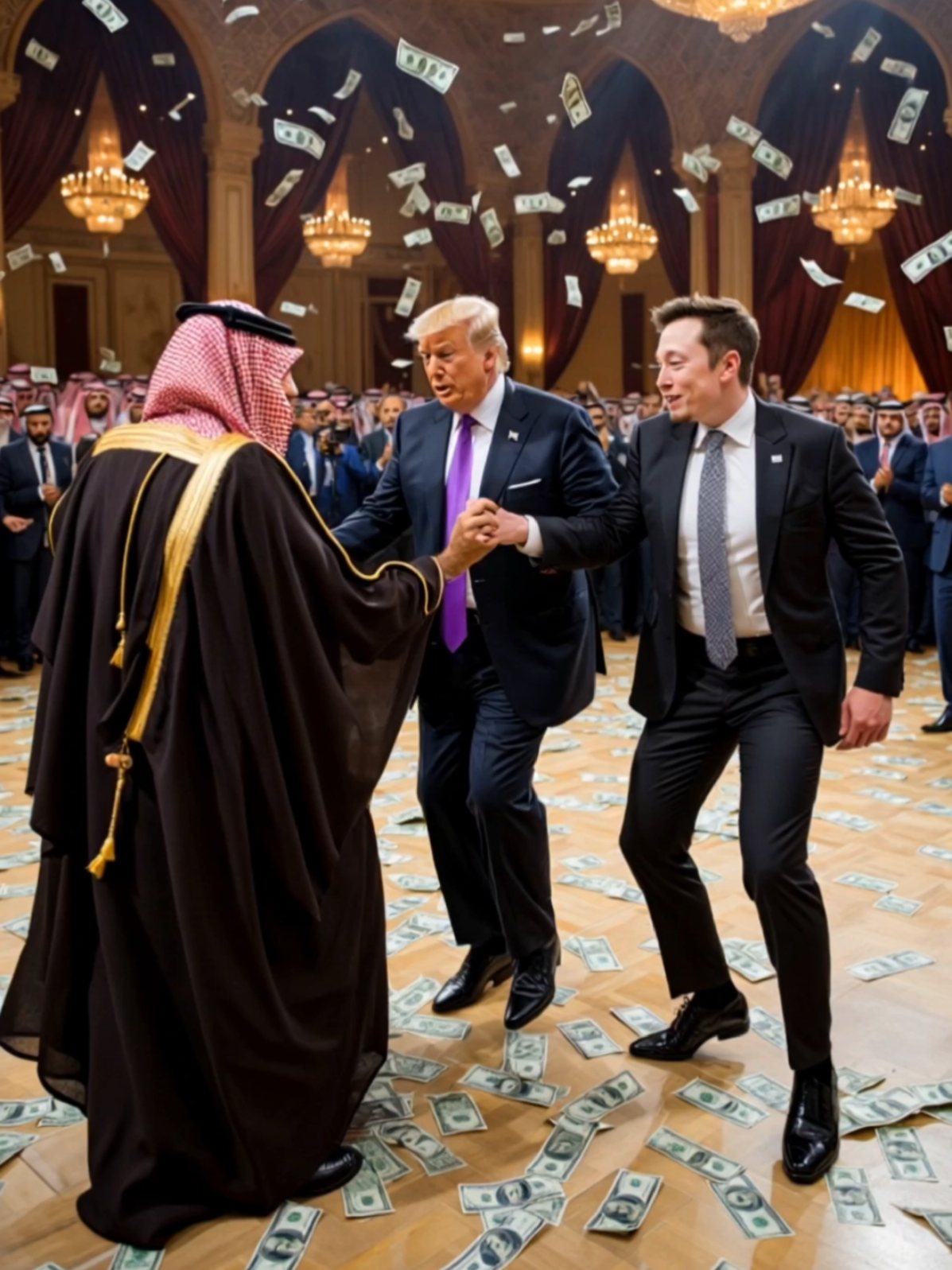 Trump, Bin Salman and Elon Musk Go Wild in Riyadh Afterparty! When Trump lands in Riyadh with Elon Musk, OpenAI, Nvidia, and other top CEOs… you know something epic is about to go down. Arabic music, money falling from the sky, and the wildest dance floor in the Middle East. Even the Nvidia CEO is diving for dollars! You won’t believe this Saudi afterparty. Global power meets Gulf luxury – and it’s raining cash! 📌Video made with AI, just for fun. #Riyadh #Trump #ElonMusk #BinSalman #Nvidia #OpenAI #ceolife #middleeastvibes #arabicparty #moneyrain #ballroomvibes #trendingnow #worldleaders #saudiarabia 
