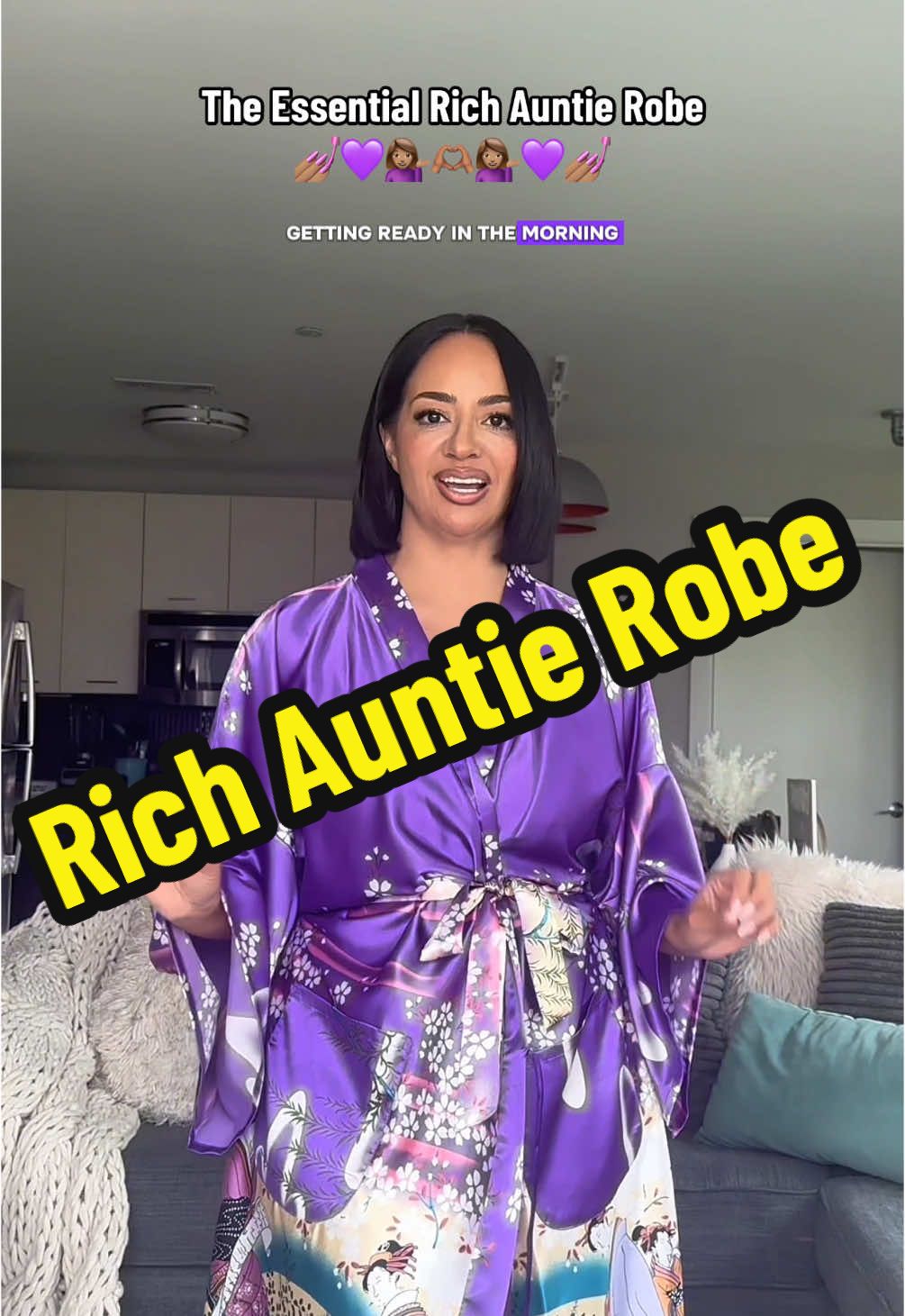 The essential fine rich auntie robe 💜💁🏽‍♀️💅🏽 So affordable and gives big luxe vibes 🥂  #richauntie  #richaunty  #softlife  #satinrobe  #over40club 