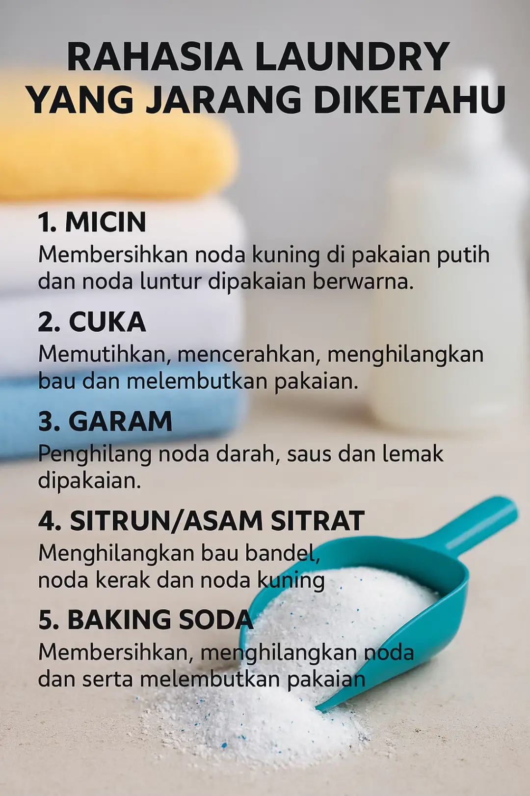 Tahukah kamu? Ternyata banyak rahasia di balik kebersihan pakaian yang dilakukan oleh para profesional laundry! Beberapa bahan sederhana di rumah bisa menjadi solusi efektif untuk membersihkan noda membandel dan menjaga kualitas pakaian. Mulai dari micin, cuka, hingga baking soda, semuanya punya fungsi ajaib masing-masing. Tips: Gunakan bahan-bahan ini dengan takaran yang tepat, dan selalu uji coba pada bagian kecil pakaian terlebih dahulu agar tidak merusak bahan. Jangan ragu untuk coba di rumah ya! Dengan sedikit usaha dan pengetahuan, kamu bisa punya pakaian sebersih hasil laundry profesional! #infokesehatan  #edukasi  #sehat  #sehatlogis  #olahraga  #sehatyuk  #fyp 