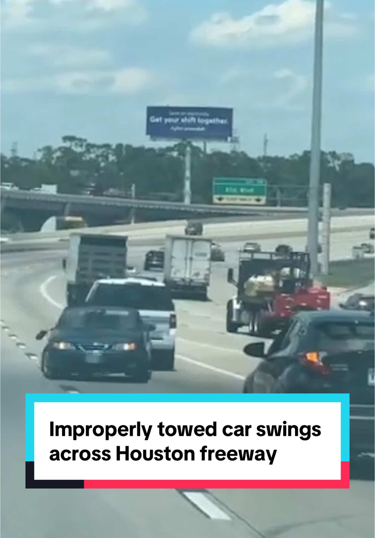 A sedan being improperly towed by an SUV on a Houston, TX highway was seen swinging dangerously across lanes on Monday. No injuries were reported. #news #Houston #Texas #road #driving #traffic #car #tow #SUV #vehicle 