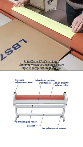 1.6m Manual Cold Laminator R19,760 – Available While Stock Lasts 	•	Cold lamination – no power required 	•	Ideal for large format prints, signage, and vinyl 	•	Dimensions: 187cm x 36cm x 100cm 	•	Weight: 85kg 	•	Heavy-duty steel frame for durability 	•	Easy hand crank operation 	•	Smooth, bubble-free finishes Limited stock – first come, first served! Order at: www.sourceprinting.co.za P/WhatsApp: +27 12 035 1963