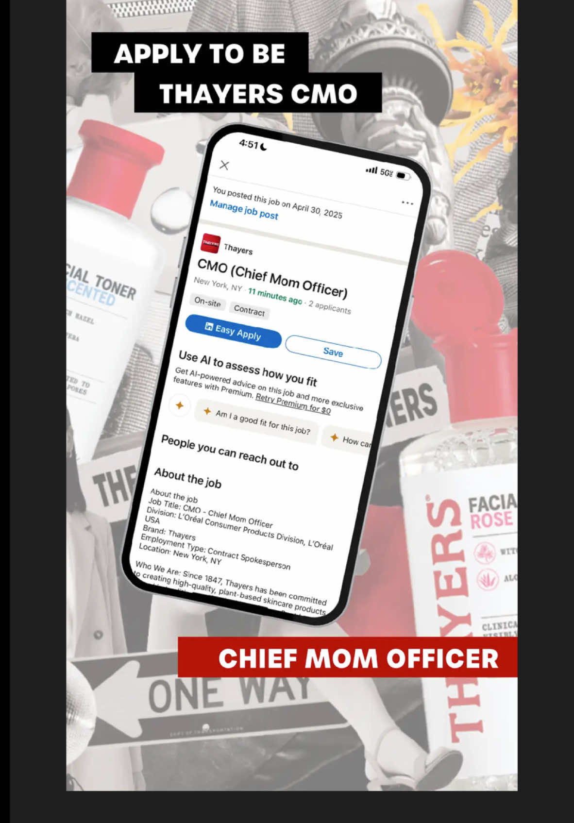 Hello Mom’s & Mentors I’m so excited to be a part of the @Thayers family as a new #thayersbrandambassador  Also to bring this once in a lifetime opportunity with the company! Please screenshot all details & We’re calling all mother figures who love Thayers to apply for this one-of-a-kind role where they'll join us for a day at our NYC HQ attending meetings including an exclusive sit-down lunch with Bethenny Frankel, a content shoot, product deep dives, and so much more! All “mother figures” are welcome to apply, whether you’re a parent, a mentor, a caregiver, an internet mom, or the mother of the friend group. Click the link below to submit your application ASAP! Check out this job at Thayers:  https://www.linkedin.com/jobs/view/4219888709 #thayers #thayersbrandambassador #cmo #chiefmomofficer #thayersrosepetaltoner 