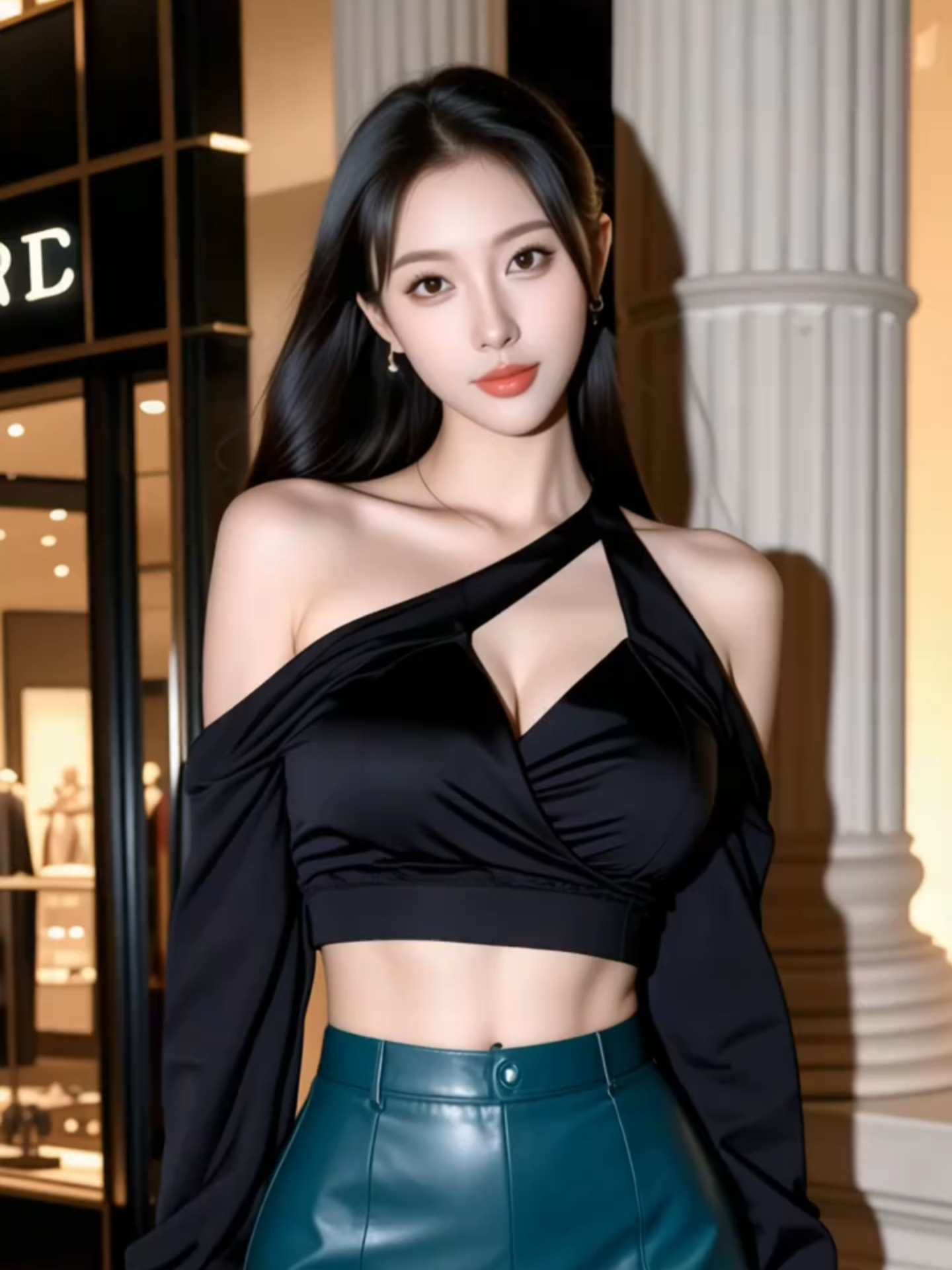 고급스러움의 정석✨  Modern Luxury Chic #OOTD  세련된 부티크를 배경으로 블랙 크로스 탑과 그린 레더 미니스커트로 완성한 럭셔리한 데일리룩. 볼륨감 있는 라인과 자신감 넘치는 포즈로 도도한 매력을 발산하는 그녀. A sophisticated black cross-strap crop top paired with an emerald green leather mini skirt, standing elegantly in front of a high-end boutique. Her confident pose and glamorous silhouette define modern chic luxury. ✨🖤 #럭셔리룩 #LuxuryChic #KoreanFashion #OOTD #데일리룩 #ElegantStyle #크로스타입 #레더스커트 #SelfConfidence #패션모델 #InstaFashion #TikTokLook #YouTubeShorts #ModernChic #고급스타일 #자신감있는여자 #FashionInspo #BoutiqueStyle #패션스타그램데일리코디