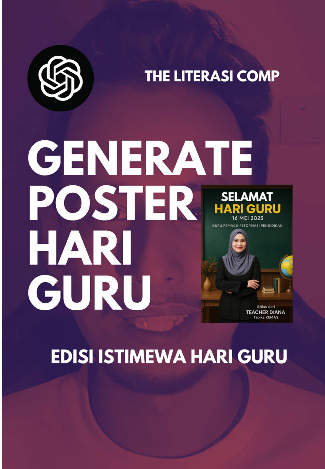SEMPENA HARI GURU pada 16 Mei 2025 (Generate Poster untuk Hari Guru) menggunakan ChatGPT. Mudah dan Percuma Edisi Istimewa Hari Guru Prompt : Gunakan gambar guru yang saya upload letak di hadapan papan hitam dalam bilik darjah. Di papan hitam tertulis ucapan sambutan Hari Guru seperti ‘Selamat Hari Guru 16 Mei 2025’ dan ‘Guru Pemacu Reformasi Pendidikan’. Latar belakang mengandungi globe, pasu bunga, dan beberapa buku di atas meja kayu. Reka bentuk imej adalah moden dan kemas dengan pencahayaan lembut, sesuai untuk kad ucapan digital Hari Guru. Sertakan teks: ‘Ikhlas dari Teacher Diana, Tabika KEMAS’ di bahagian bawah kanan.” Saiz Potrait #education #vtt #theliterasicomp #fyp #trend #ai #chatgpt #artificelintelligence #anime #actionfigures #hariguru #harigurunasional #teacher #guru 