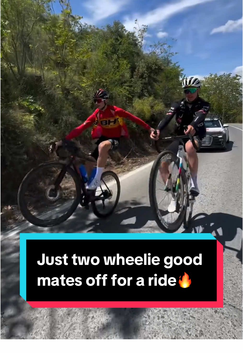 Wheelie good mates 🔥 Just Tadej Pogacar and David Campos on a training ride 😎 🎥 [via @davidcampos51]  #wheelie #cycling #friends 