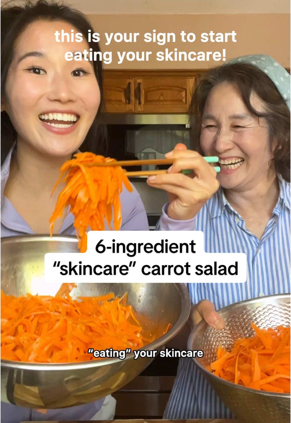 If you’re not eating your skincare yet… what are you doing? (ft. my soon-to-be 60 year old mom’s glowy bare-face✨) #Recipe Mama Park’s carrot salad (inspired by French “Carottes râpées”)  *btw my mom and I doubled the recipe in the video* 🥕 INGREDIENTS 2.5lb of carrots, grated or use a peeler like us  1 tbsp salt 1 tbsp whole grain mustard 1/3 cup olive oil 1/2 cup lemon Some ground pepper Just combine all the ingredients together and store in jar! • • • #skinfood #glowingskinfromwithin #hormonehealth #pcosfriendlyrecipes #carrotsalad #healthyskinrecipe #koreanmomrecipe #antiinflammatoryfood #pcosnutrition #holisticwellness #eatforyourskin #guthealthrecipes #easyhealthyrecipes  #creatorsearchinsights 