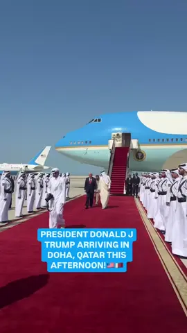 BREAKING: President Donald J Trump arriving in Doha, Qatar this afternoon being greeted by the Emir of Qatar! @potus @realdonaldtrump @teamtrump @trumpwarroom @whitehouse 📸: @margomcatee 🇺🇸🛩️🇺🇸🇶🇦
