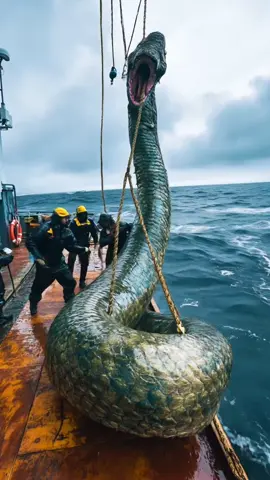 Giant Snake Like Creature Caught By Fishermen  #bigsnake #giantsnake #seacreatures #unknowncrea #deepseafishing #ocean #aigenerated 