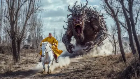 Monk on horseback flees from a corrupted demon, The warning must be delivered, the corruption has returned! Created in Kling 2 image to video model - image created in midjourney.  This is a scene from a short film I am creating but will be an improved scene by the time its finished. #monk #demons  #fantasy