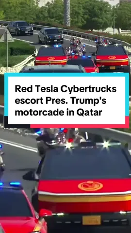 After arriving in Qatar, two red Cybertrucks escorted President Trump's motorcade from Doha to Amiri Diwan, where he signed a defense agreement with Emir Sheikh Tamim bin Hamad Al-Thani. The stop is part of Trump's four-day visit to Middle East, the first foreign trip of his second term. #qatar #trump #doha #amiridiwan 