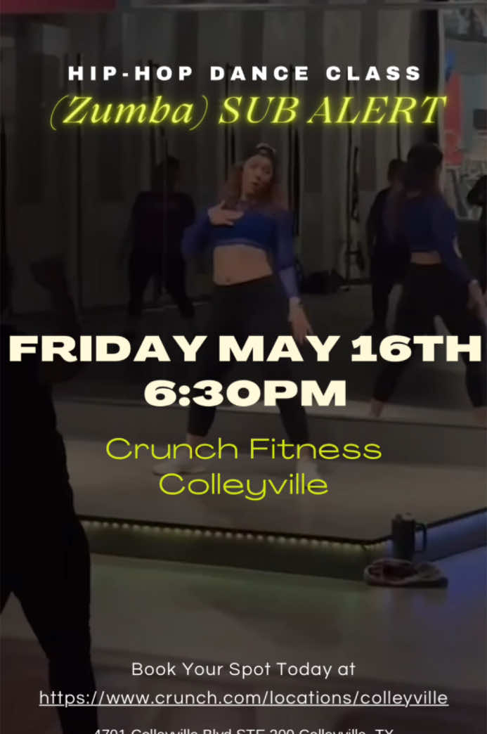 SUB ALERT!!!  Come dance with me at Crunch Fitness’s newest location in Colleyville!!!  Friday May 16 6:30PM Register online- free trial passes available  Can’t wait to dance with you!!  @Crunch Fitness #dance #crunch #crunchfitness #zumba #turnup #turnupdancefitness #dfw #danceclass #ﬁtness