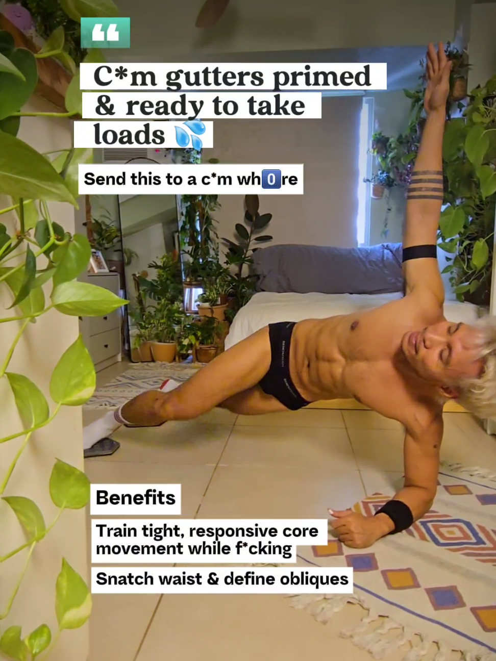 If you want your waist tight, core snatched, and obliques popping while you ride, this one’s for you. The Side Plank Reverse Crunch with Sliders hits deep core and oblique fibers—building the kind of waist control that shows when you're stacked, twisted, and holding yourself up mid-pound. Here’s how to do it: 1️⃣ Get into a side plank—bottom elbow under shoulder, top leg stacked, bottom foot on a slider. 2️⃣ Slide your bottom foot in as you drive your top knee toward your chest. 3️⃣ Squeeze hard, then return to full side plank. Keep hips high the whole time. Keep it slow, tight, and controlled. No floppy reps. This move is all about that visible twist-cut waist and the power to hold your body in place when sh*t gets rough. Train your core like you mean it—because queer bodies deserve to look hot, move with control, and take every pounding like a f*cking weapon. Ready to hit your obliques right? Full core series is in the e-book—link’s on my Instagram.