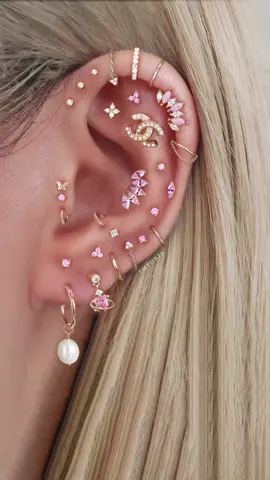 Pink Ear Stack Goals 💖✨ Watch this dreamy gold ear curation come to life! #EarStack #EarCuration #GoldJewelry #PinkVibes #earrings