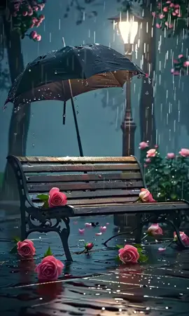 Rainfall & roses 🌧 A quiet bench, soft petals, and the poetry of a lonely night. 🌧 #RainyMood #RosesInRain #MelancholyMoments #RomanticRain #SolitudeAndBeauty #UmbrellaScenes #EmotionalAesthetic #MoodyVibes #StreetLampGlow #FallenPetals #NightWhispers #QuietLove #RainyEvening #SilentFeelings #CinematicScene 