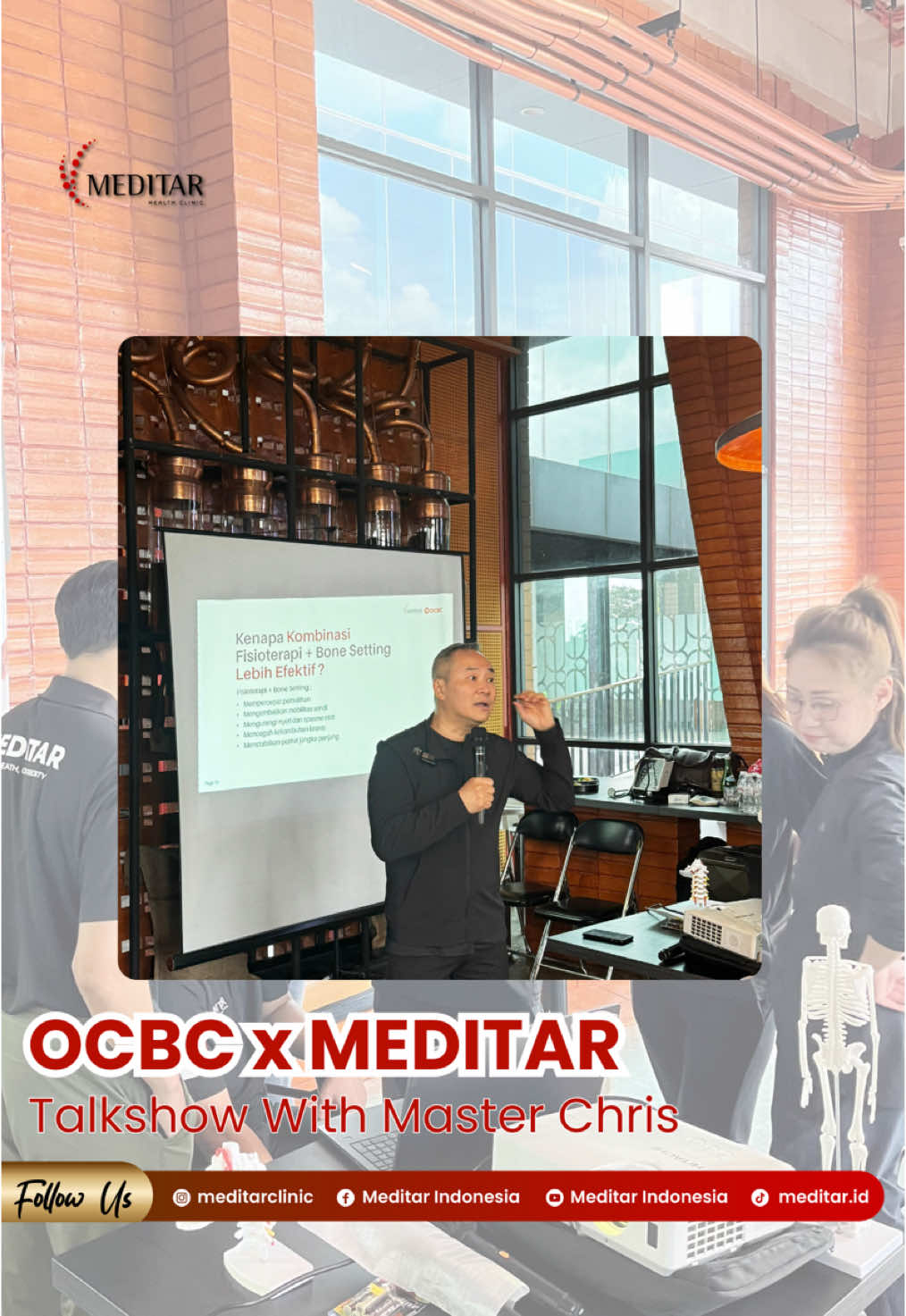 Kerennnn banget!! 🤩 Talk Show with Master Chris di OCBC Karawaci Seru banget yaa bisa langsung simulasi bagaimana tipsnya biar menjaga agar terhindar dari sakit leher🤩  Meditar mengisi acara Health Talk dengan materi “Say Good Bye to Neck Pain” Materinya daging, dan praktiknya seru banget!! Mauu coba Talk Show bareng Meditar?  Info selengkapnya, hubungi: Admin 1 08119118266 Admin 2 08119188266 𝖬𝖤𝖣𝖨𝖳𝖠𝖱 𝖢𝖫𝖨𝖭𝖨𝖢 𝘠𝘰𝘶𝘳 𝘏𝘦𝘢𝘭𝘵𝘩 𝘖𝘶𝘳 𝘗𝘳𝘪𝘰𝘳𝘪𝘵𝘺 #talkshow #ocbc #ocbckarawaci #neckpain #saygoodbyetoneckpain #Meditar #meditarclinic #klinikscbd #PijatTerapi #MassageTherapy #BoneSetting #JakartaInfo #fyp #bonesetting #tittar #masterchrisleong #clmindonesia #bonesettingspecialist #kretekkretek #bonealignment 