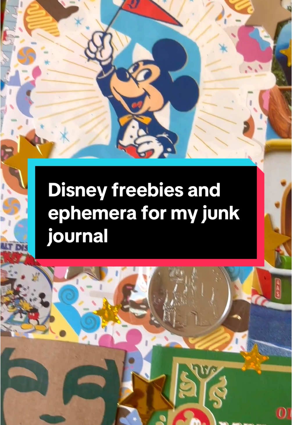 Lots of ephemera I saved from my day celebrating the Disneyland 70 Anniversary 🌈🏰 Paper ephemera, pressed pennies, souvenir coins, candy, postcards, stickers, and so much more! The full haul and process can be found on my Y T channel 💞 #journalsupplies #journalwithme #disneyland70  #disneyland70thanniversary #disneyfreebies #disneymerch #disneyjournal 