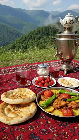 Peace felt in every breath 😍 Hər nəfəsdə hiss olunan hüzur… #peace #nature #traditional #picnic #teatime #food #mountains #spring #calm #travel #fyp #global 