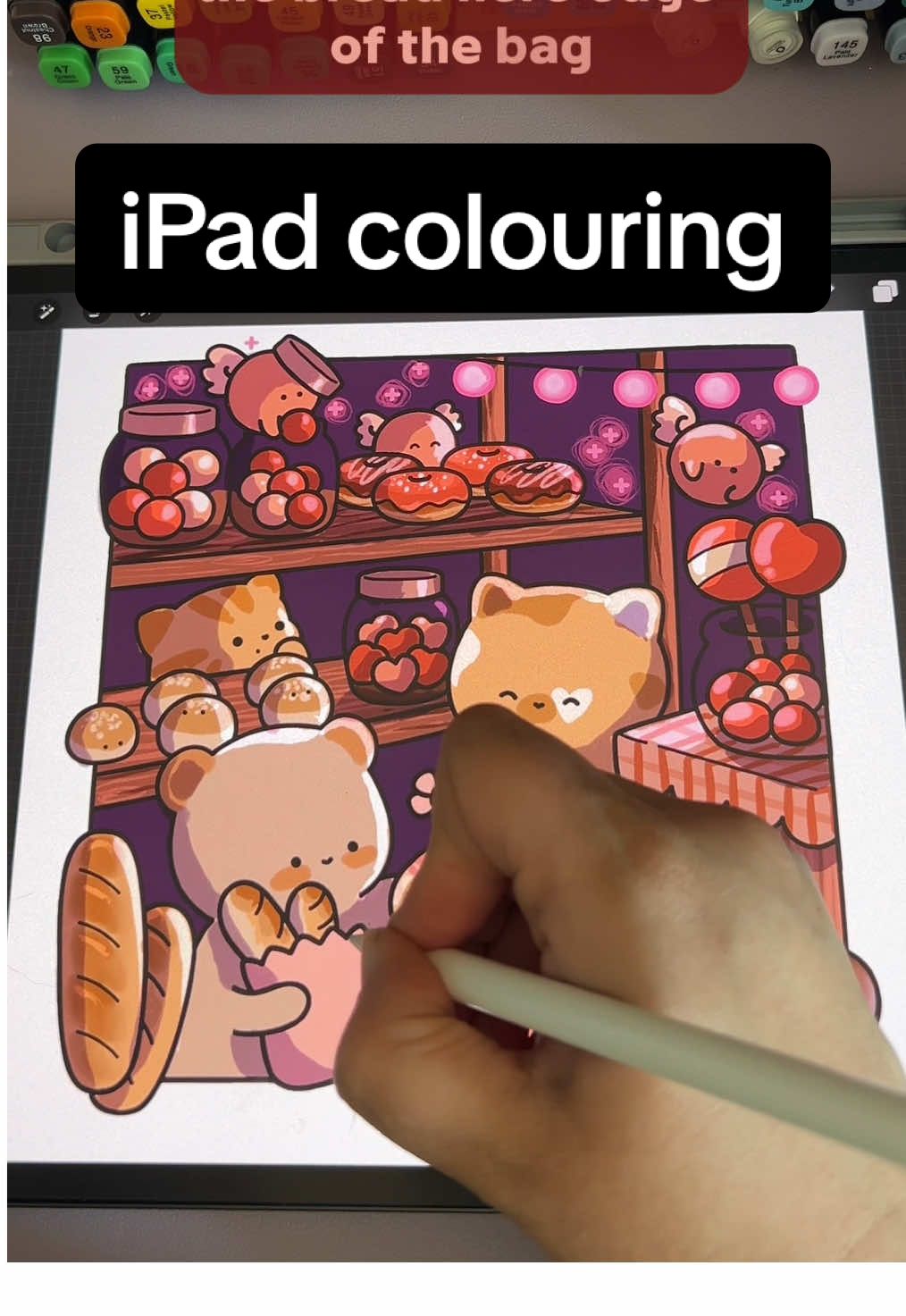 Colouring process of a colouring page by Colored Caramel from their Kawaii Daydreams colouring book. Coloured on iPad using Procreate.  #colouring #colourtok #colortok #ipadcoloring #colouringtutorial #procreatecolouring 