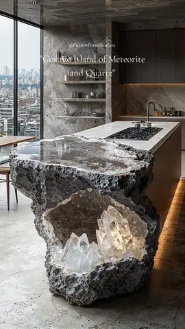 Imagine a fragment of the universe... a cosmic rock with deep, ancient textures. Now, merge that power with the ethereal purity of crystalline quartz, which glows from within like celestial light. An island that's not just a piece of furniture, but a portal to another world. Minimalist, perfect, almost unreal. Welcome to the kitchen of the future, where the impossible takes shape.🚀 Created by FutureFormStudios. . . . . . . . #interiordesign #futureformstudios #desing #homedecor #furniture #interior #luxury #kitchen 