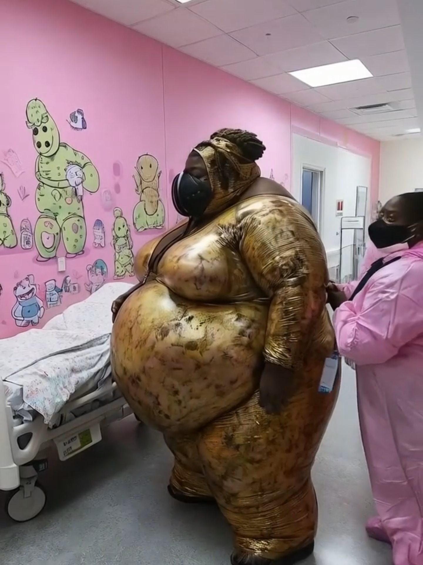 They call her The Rhino Woman 🦏—a mysterious patient with skin like armored bronze and a presence that echoes power. Rumors say she’s been pregnant for years… and whatever’s growing inside isn’t human. Today, the ward went on high alert. Dizzy and disoriented, she began to sway. Nurses rushed in to hold her steady, trying to prevent a fall that could shake the entire facility. Her breathing grew heavy behind the mask, as if something within was waking up... What’s inside her? And will this pregnancy ever reach its end? #RhinoWoman #Obese #Pregnancy #BigMama  @hailuoai_official