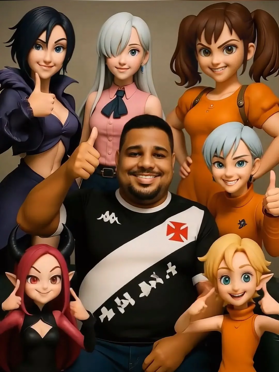 Selfie com as suas personagens favoritas? Segue o Prompt. Envie sua imagem no chat GPT e   envie o prompt abaixo. *mude tudo que está entre parênteses ao seu gosto* Promot: A high-resolution group photo with a realistic-looking young man (use reference photo) sitting confidently in the center on a green leather boss-style sofa, arms crossed casually over his chest. Surrounding him are 