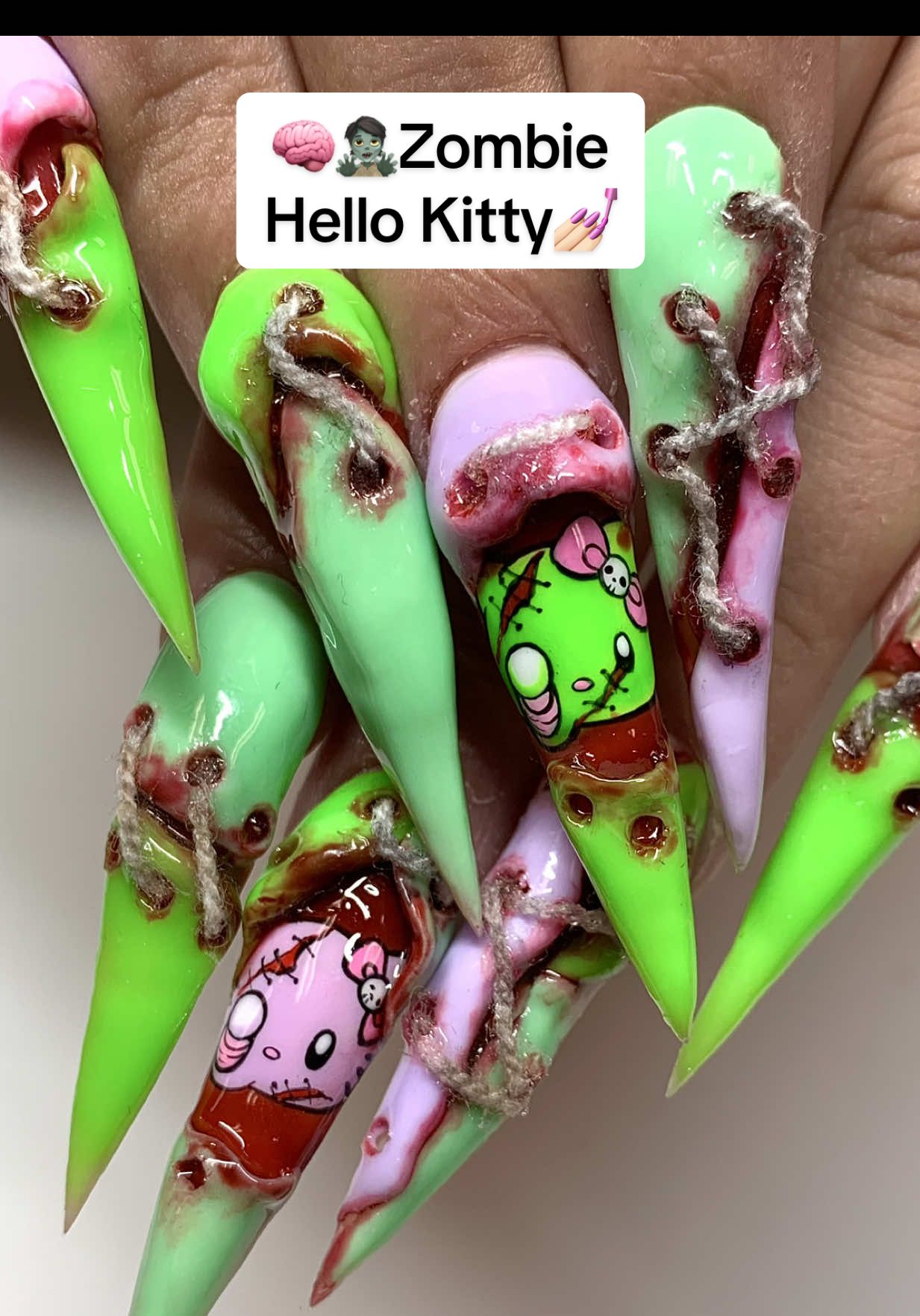 ⚠️WARNING: Insane Nails Incoming‼️ Zombie Hello Kitty for @Theresa 🧠🧟💅🏻  #hellokittynails #nailzbydev #nailtransition #transition #halloweennails #summerweennails #nailsart #naildesigns #3dnails #fyp 