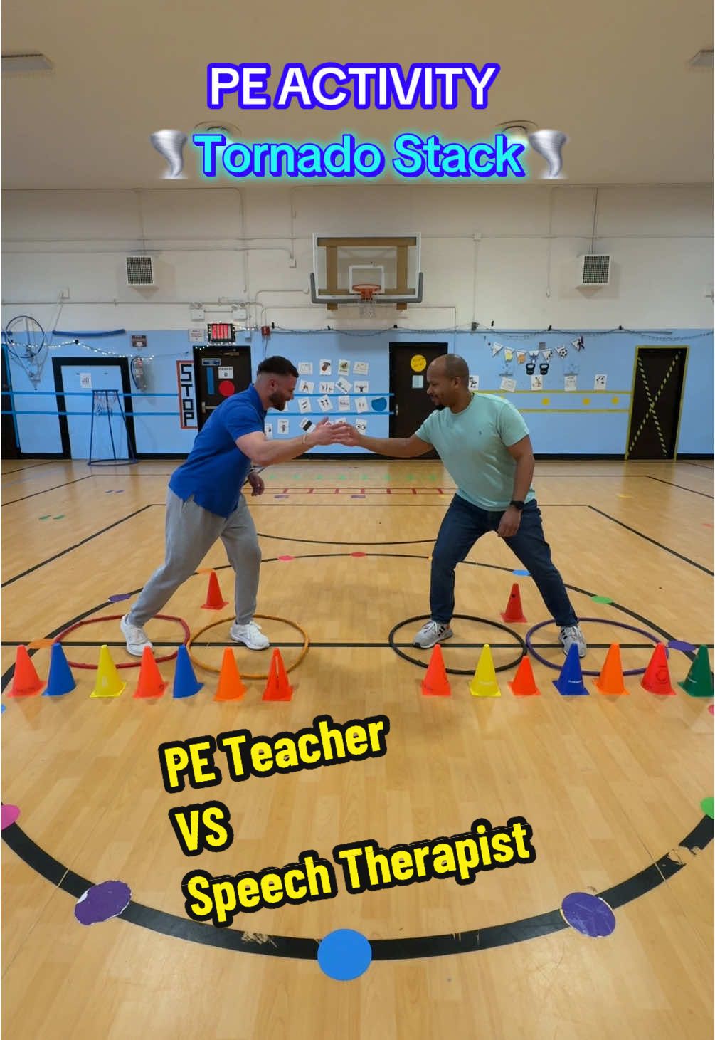 Jump. Twist. Stack fast! 💨  #peteacher #vs #speechtherapist #tornado #stack #challenge #for #you #teachersoftiktok #activekids #physed #funfitness #elementaryschool #specialed #physicaleducation #teachertok #EduTok #trythischallenge #fypシ 