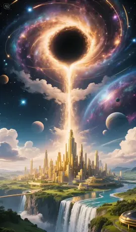 #fyp #viralvideo #trending #contentcreator #ti̇ktok pemandangan fantasi kosmik yang sangat detail, menampilkan lapisan-lapisan alam semesta: inti galaksi megah di atas dengan cincin bercahaya dan jejak bintang, memancarkan cahaya yang mengalir ke bawah menuju lubang hitam yang dikelilingi awan-awan kosmik dan planet-planet. Di bagian bawah, terdapat kota masa depan berwarna emas di planet mirip Bumi, dengan air terjun besar, sungai berkilau, lanskap hijau subur, dan arsitektur tinggi megah di bawah langit dramatis