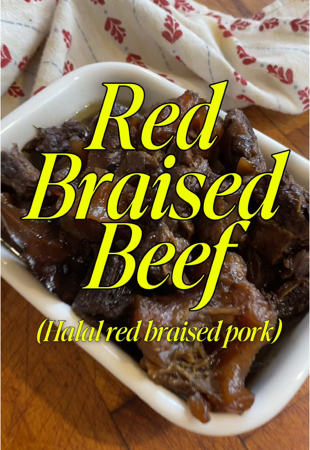 HALAL HONG SHAO ROU (a halal version of the classic Shanghainese red braised pork) Glossy, jiggly, and pork-free. Here’s how I made it: 	1.	Blanch: 1kg beef rib fingers + 300g tendon in boiling water, 2–3 mins. Rinse. 	2.	Pressure cook tendon (55-60mins): With 2 slices ginger, 1 scallion, 1 tbsp light soy, 1 tbsp apple juice + splash vinegar, water to cover. (Optional: 1 tsp baking soda) → After, slice tendon + save 3 cups broth. 	3.	In a wok: Sauté 2 tbsp oil, 3 slices ginger, 1 scallion, 2 star anise, 1 cinnamon stick, 2 bay leaves. Add rib fingers +: 2 tbsp light soy, 1.5 tbsp dark soy, 1.5 tbsp rock sugar, 2 tsp @Pura Indonesia mushroom seasoning, 1 tsp Pura Indonesia sea salt, 1 tbsp apple juice + vinegar. Add water to just cover. Simmer uncovered 45 mins. 	4.	Add tendon + 3 cups tendon broth. Cover, simmer 30 mins. 	5.	Final glaze: Uncover, raise heat, reduce 10–15 mins until sticky & glossy. Serve with rice. Always rice. Save this post, tag a halal beef lover. Hai gam lah, bye bye. 👋 @PURA THE PUREST #puraenaktanpagulamsg #kelezatandalamkemurnian #purestnaturalgoodness 